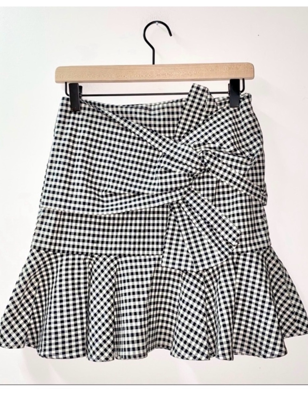 Veronica Beard Black and White Gingham Tie-Front Flounce Mini Skirt